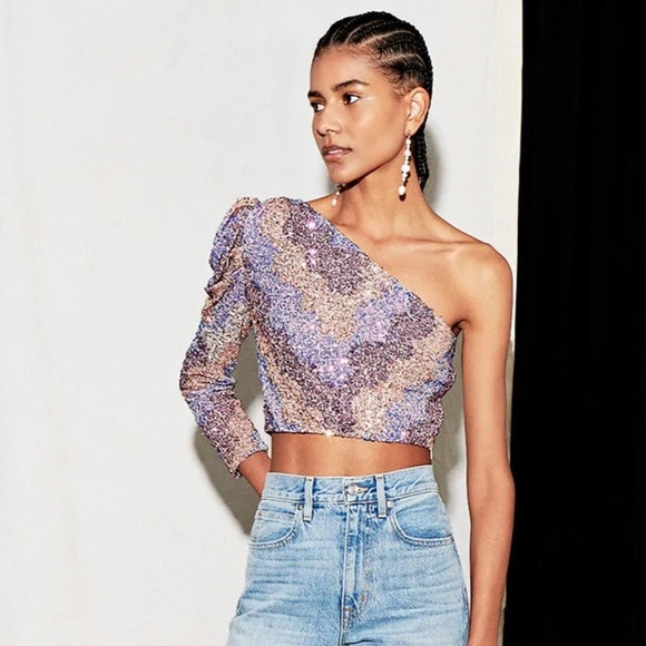 Saylor Tess One Shoulder Long Sleeve Zigzag Sequin Top - Picture 3 of 16